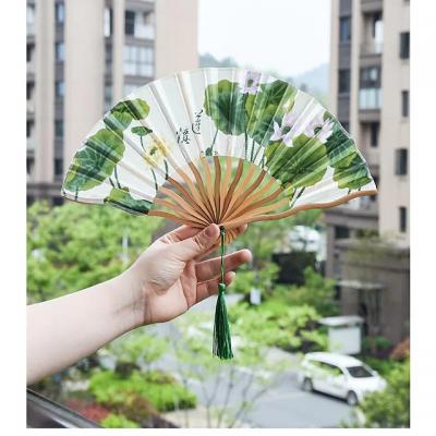 Folding Fan Lotus Green Silk Curved Japanese Ancient Style Bamboo Gift 