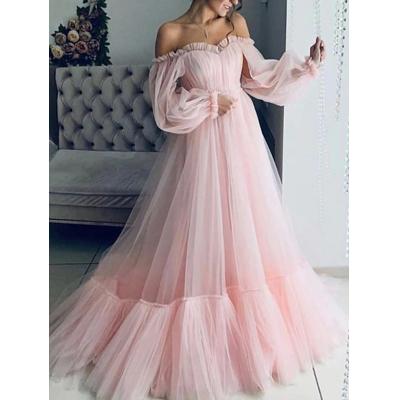 Women's Swing Dress Maxi long Dress Light Pink Light Blue Long Sleeve Pure Color Ruched Mesh Fall Winter Off Shoulder El